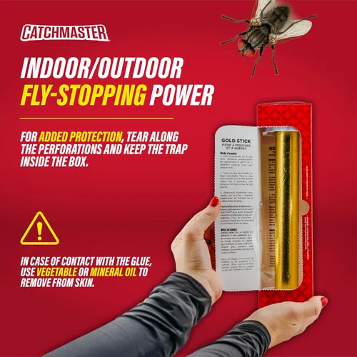 Vista 6 de Catchmaster Trampa para moscas Gold Stick, 4 unidades, trampas para moscas de frutas y insectos para interiores y exteriores, adhesivo de alta