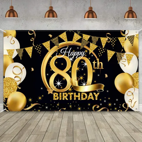 Vista 25 de Decoración de fiesta de cumpleaños número 15, cartel póster de tela extra grande negro y dorado para telón de fondo de cabina de fotos