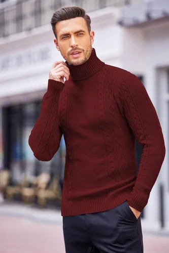Vista 2 de COOFANDY Suéter de cuello alto ajustado para hombre, suéter de punto trenzado casual