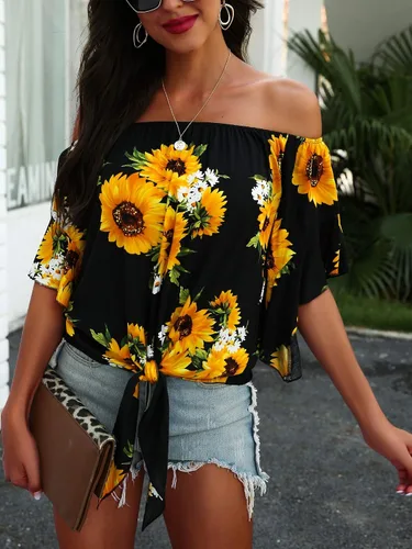 Vista 3 de Hibluco - Jersey elástico para mujer con hombros descubiertos, manga acampanada, cuello alto