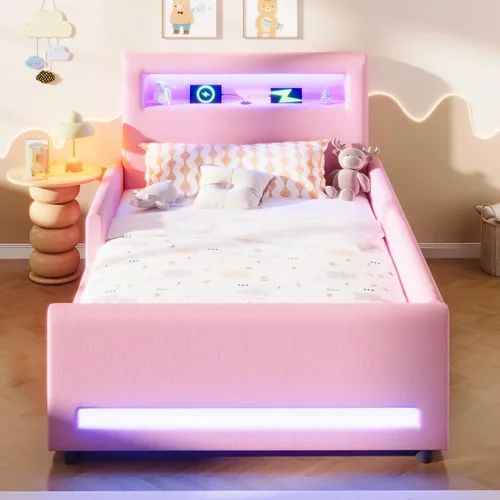 Vista 3 de Base de cama tapizada de tamaño individual con cajón de almacenamiento y cabecera de estante, cama suave de piel sintética con luz LED, carga USB