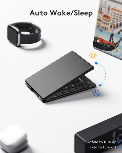 Vista 5 de Samsers Teclado Bluetooth plegable, teclado inalámbrico portátil con soporte de soporte, recargable de tamaño completo ultra delgado plegable