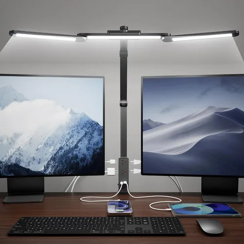 Vista 10 de SUPERDANNY - Lámpara de escritorio LED para el cuidado de los ojos con base de cuello de cisne flexible de 360°, lámpara de trabajo con control
