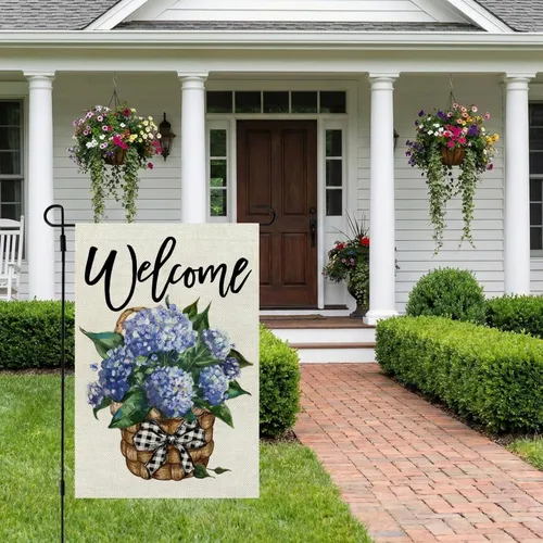 Vista 4 de Bandera de jardín de hortensias CROWNED BEAUTY primavera de doble cara 12x18 pulgadas para decoración floral pequeña al aire libre CF813-12