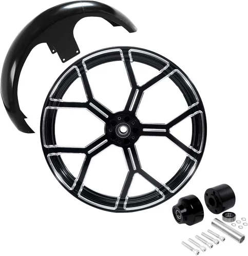Vista 61 de TCMT Llanta de rueda delantera de 21", buje de rueda de brida de doble disco con guardabarros delantero negro sin pintar, compatible con modelos