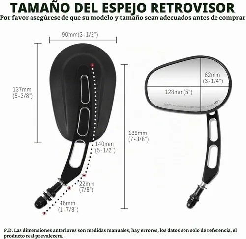 Vista 3 de Espejo retrovisor lateral de 8 mm en negro para motocicleta con estilo hueco Compatible con Harley Street Glide, Road King, Dyn, Softail, Bobber