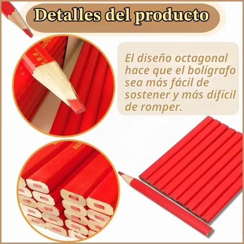 Vista 4 de Lápices de carpintero, 10 lápices duros octogonales rojos para carpintería y marcado de hormigón