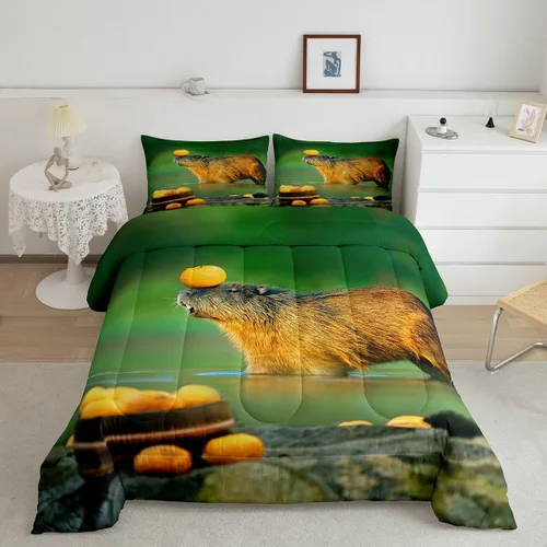 Vista 14 de Feelyou Juego de edredón de dibujos animados de Capybara, tamaño individual con 1 funda de almohada, juego de ropa de cama con estampado de Multi 02