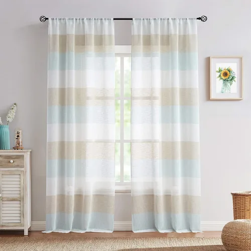 Vista 10 de Vision Home Cortinas traslúcidas a rayas color gris y azul ahumado, paneles de ventana rústicas de lino de 63 pulgadas de largo, cortinas rústicas