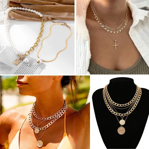Vista 2 de KISS WIFE Christmas Golden Jewelry Set for Women with Multi Layered Necklaces, Stackable Bracelets, Knuckle Rings, Hoop Earrings, Fashion Outfit