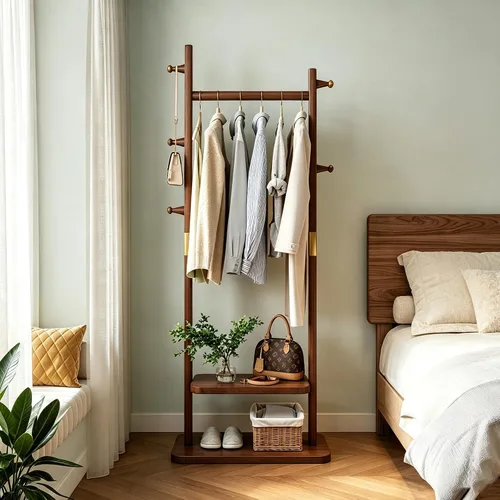 Vista 8 de SOBIBO Perchero de madera independiente con estantes y ganchos, 23.6 Natural