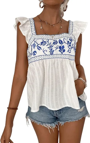 Vista 5 de SweatyRocks Blusa acampanada con volantes y bordado floral para mujer