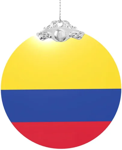 Vista 8 de Colgante redondo de adorno navideño de cristal con estampado de bandera de Colombia con detalles dorados y plateados para colgar la decoración