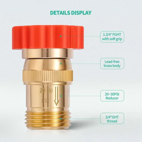 Vista 2 de Regulador reductor de presión de agua en línea de riego por goteo de latón LF 20 ~ 30PSI - Protege el sistema de goteo del agua del grifo de alta