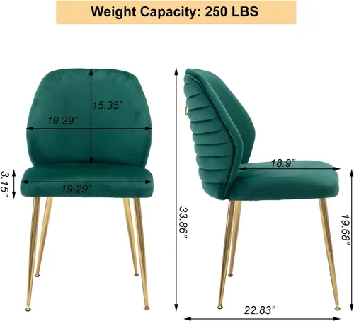 Vista 2 de Juego de 2 sillas de comedor tapizadas, modernas de terciopelo de mediados de siglo con respaldo de ala y patas de metal dorado, cómoda silla