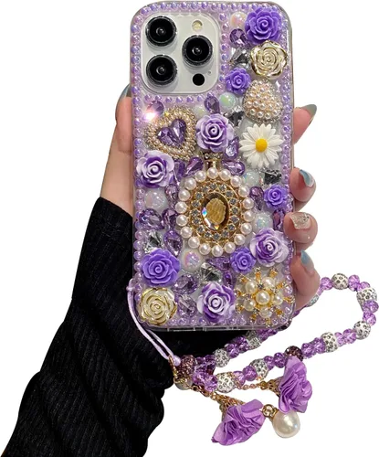 Vista 10 de iFiLOVE para iPhone 7 Plus/8 Plus Funda con Diamantes Brillantes y Correa de Flores, 3D Lujo Brillante Purpurina Cristal Diamantes de Imitación