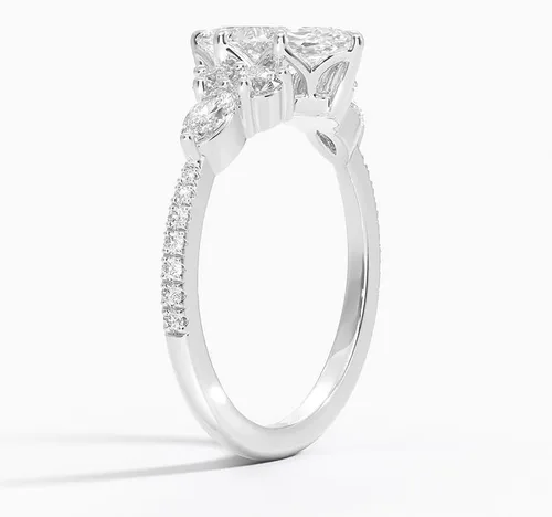 Vista 3 de IGI Anillo de compromiso de diamantes de 4 puntas de corte marquesa blanco de 1.56 quilates con marquesa lateral y diamantes redondos de laboratorio