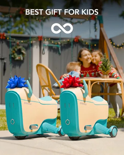Vista 8 de Gyroor Juego de Coche Eléctrico Infantil de Paseo para Edades 4-8, Maleta de Viaje de Avión 2-en-1 con Almacenamiento, 3 Modos de Velocidad, Ruedas