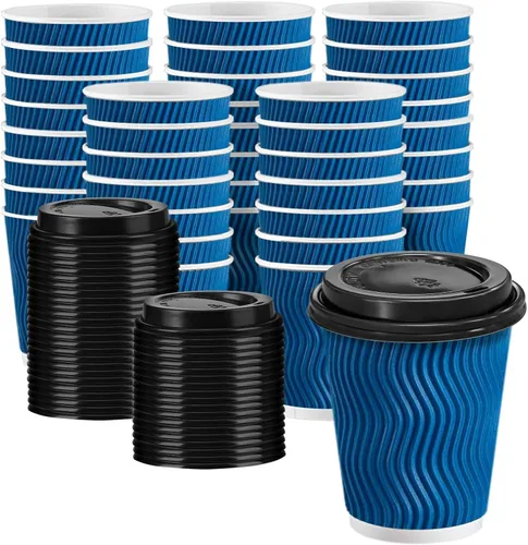Vista 11 de Tazas de café desechables de 12 onzas con tapas, tazas de papel de café con tapas para llevar, tazas calientes aisladas para bebidas calientes
