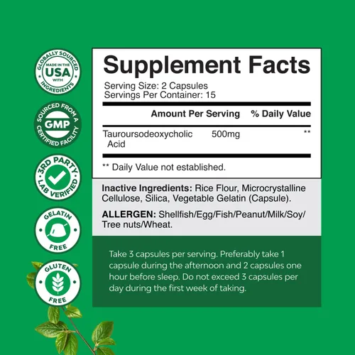 Vista 3 de Suplemento TUDCA de sal biliar avanzada - Extra Strength TUDCA 500mg por porción Sales biliares para riñón y soporte hepático de alta pureza Tauro
