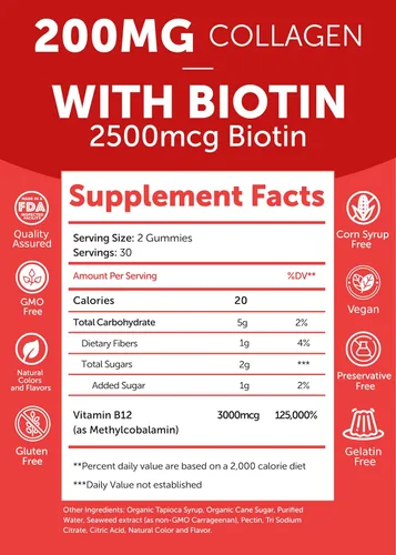 Vista 8 de Lunakai Paquete de colágeno, biotina y vitamina B12, suplementos antienvejecimiento para hombres y mujeres, con vitamina C para el crecimiento