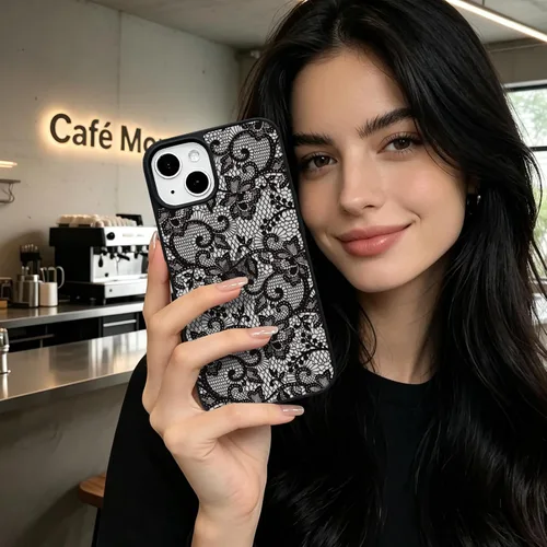 Vista 7 de NITITOP Para iPhone 14 Plus/15 Plus Funda Transparente Encaje Flor - Negro