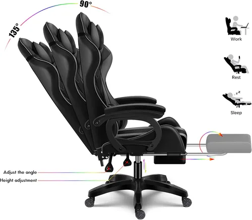 Vista 5 de Silla ergonómica para juegos profesional con luces LED y altavoces, silla de videojuegos con masaje y reposapiés, silla de computadora de respaldo