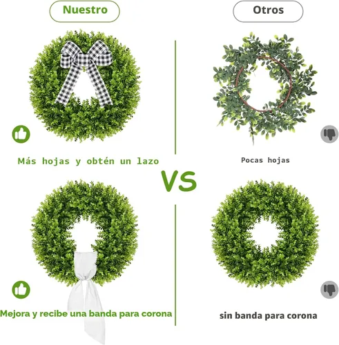 Vista 8 de Vlorart - Corona de boj artificial de 20 pulgadas, corona de puerta delantera con decoración de primavera y verano, con un lazo y una faja
