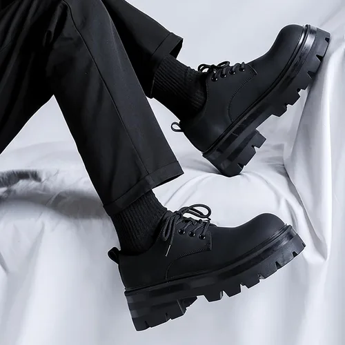 Vista 4 de Zapatos Oxford de plataforma de cuero para hombre, zapatos clásicos de vestir con cordones y punta redonda, cómodos, suela antideslizante, tacón