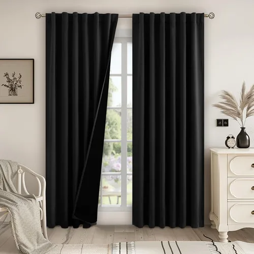 Vista 109 de BGment Cortinas 100% opacas beige de 63 pulgadas de largo con forro aislante térmico, bolsillo para varilla y lengüeta trasera de doble capa