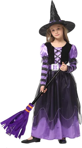 Vista 6 de Witch Costume Girls Halloween Witch Dress Costumes Kids Deluxe Witch Hat Broomstick Halloween Candy Bags Fancy Dress Up Party
