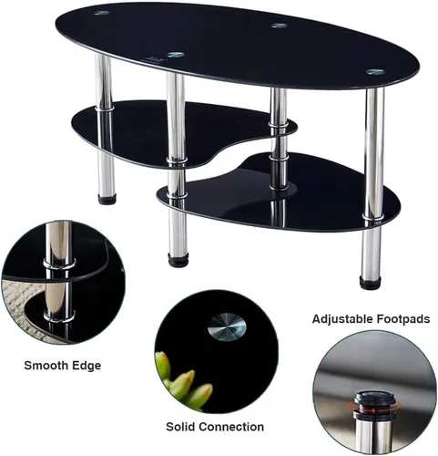 Vista 4 de Mesa de té de vidrio ovalada para oficina, mesa de centro moderna de 3 niveles, mesa auxiliar para sala de estar (negro)
