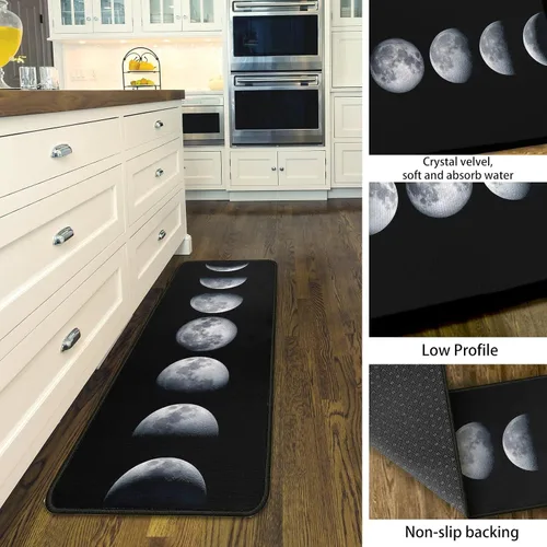 Vista 5 de Moon - Juego de 2 alfombras de cocina, antideslizantes, color negro, alfombra de pasillo para decoración de suelo de cocina, 17 x 47 + 17 x 30