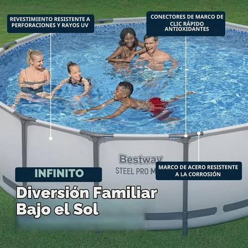 Vista 4 de Bestway Steel Pro MAX - Piscina sobre el suelo de 15 x 48 pulgadas, juego de piscina para exteriores con estructura de metal redondo con bomba