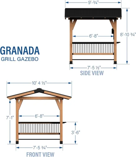 Vista 3 de Backyard Discovery Granada - Pabellón de madera de cedro para parrilla BBQ de 10' x 9' con techo rígido de acero galvanizado, barras superiores
