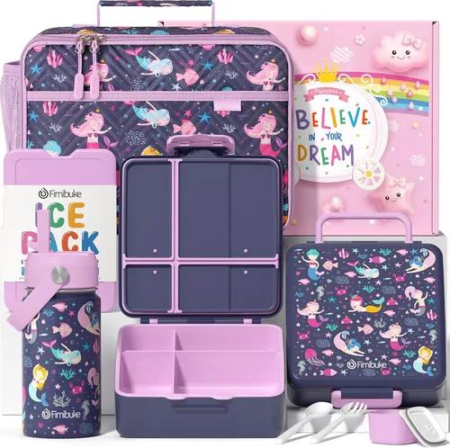 Vista 17 de Fimibuke Lonchera Bento para Niños con 4 Compartimentos, Bolsa de Almuerzo Aislada, Botella de Agua Aislada de Acero Inoxidable, Paquete de Hielo
