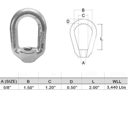 Vista 2 de Anillo de tuerca roscada de acero inoxidable T316 de 5/8" – Ojo de elevación ovalado forjado marino, 3,440 lb WLL para aparejo de barcos, muelle