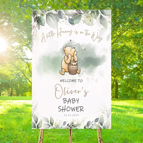 Vista 10 de Winnie The Pooh - Letrero de bienvenida personalizado para bebé, decoraciones clásicas para baby shower