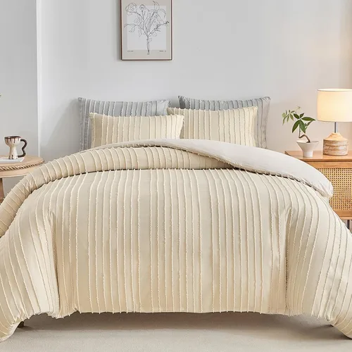 Vista 15 de WARMDERN Juego de funda de edredón a rayas azules, ropa de cama con textura bohemia acolchada con mechones, 2 piezas tamaño Twin de microfibra