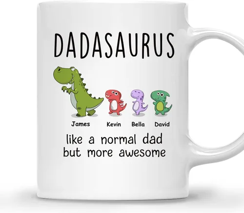 Vista 17 de Gossby Taza de Café Personalizada DADASAURUS – Regalo Personalizado para Papá de Niño, Hija, Hijo, Esposa Con Diseño, Nombres – Divertido Día