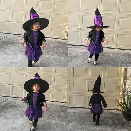 Vista 6 de Conjunto de falda de Halloween para niña pequeña con sombrero de cuento de hadas verde y morado