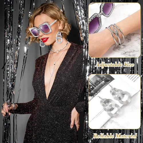 Vista 3 de Kigeli 5 piezas de accesorios de discoteca de los años 70, pulsera de espiral, aretes de disco con gafas de sol, gargantilla en capas, diadema