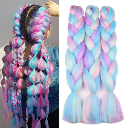 Vista 11 de BACANA Extensiones de cabello para trenzar en 4 tonos, degradado verde y rosa, extensiones de cabello colorido para trenzar, trenzas para niños