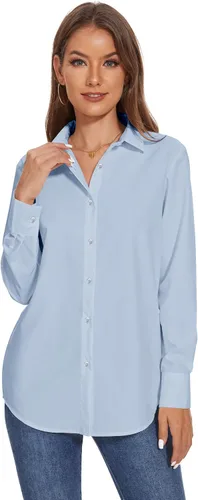 Vista 3 de YAMANMAN Camisas con botones para mujer, camisas de vestir de manga larga sin arrugas, blusas casuales de negocios para oficina y trabajo Azul