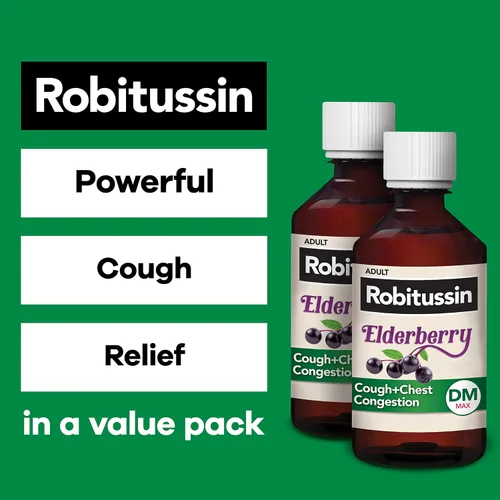 Vista 6 de Robitussin Máxima fuerza para la tos de saúco y la congestión del pecho, DM, supresor de la tos para adultos, proporciona alivio líquido para la tos