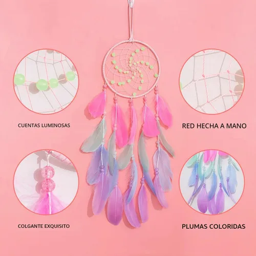 Vista 3 de Atrapasueños luminosos para niñas, decoración de pared nativa de plumas rosadas hechas a mano Decoración de pared
