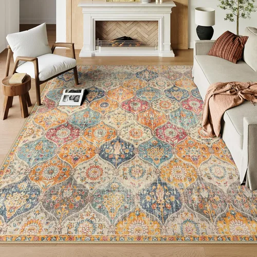 Vista 79 de Lahome - Alfombra marroquí antideslizante y lavable, pequeña alfombra oriental para dormitorio, cocina, entrada, baño, entrada, 61 x 91 cm, crema
