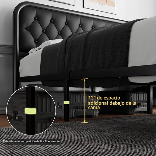 Vista 7 de iPormis Marco de cama de metal tamaño completo con cabecera de cuero, marco de cama de plataforma resistente, soporte de listones de acero metálico