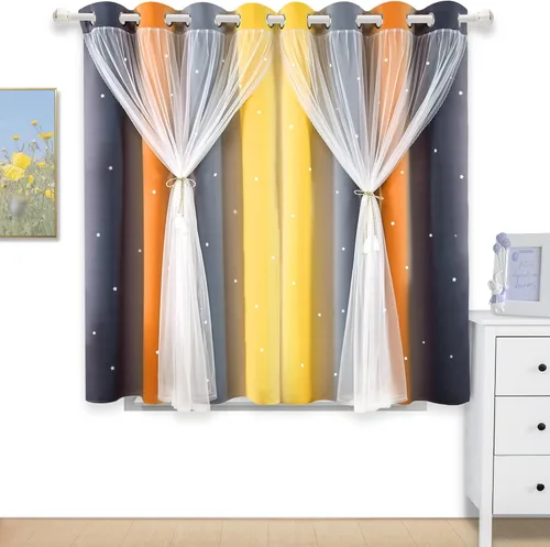 Vista 16 de Cortinas de rayas de estrellas para dormitorio de niñas, cortinas huecas para ventana, cortinas de ventana con ojales, cortinas coloridas degradadas