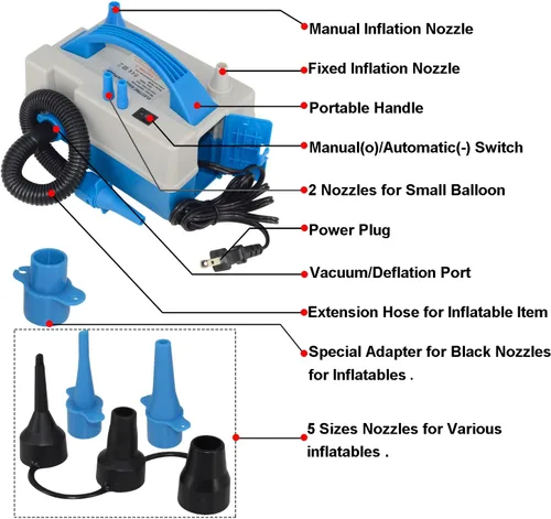 Vista 7 de Bomba eléctrica de globos, inflador/soplador eléctrico portátil de doble boquilla con extensión de manguera multiusos, para decoración de fiestas